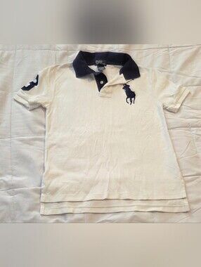 Polo by Ralph Lauren KID's SZ M(8) White Polo with Navy Collar and Logo